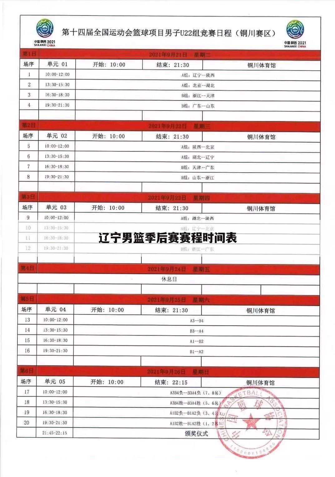 辽宁男篮季后赛赛程时间表